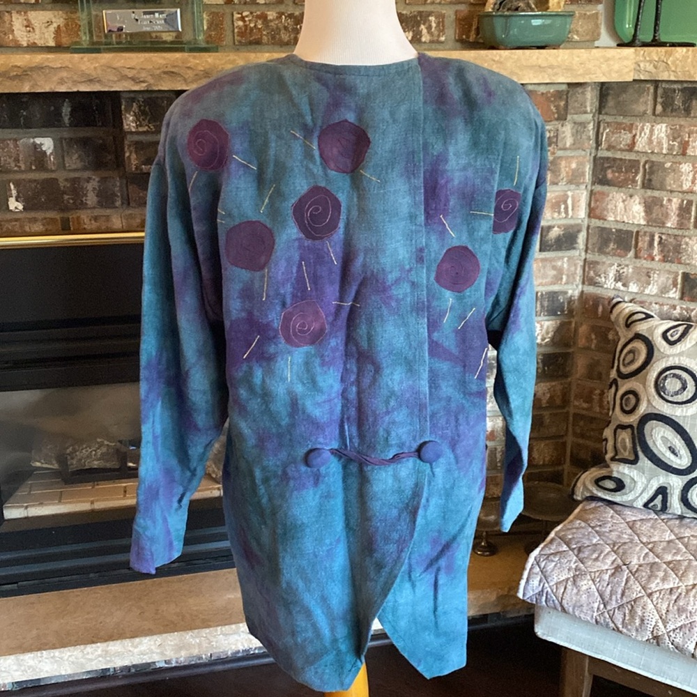 ARTISAN ANNA CARLSON amazing linen appliqué embroidered jacket!! Size M oversize - Picture 5 of 15